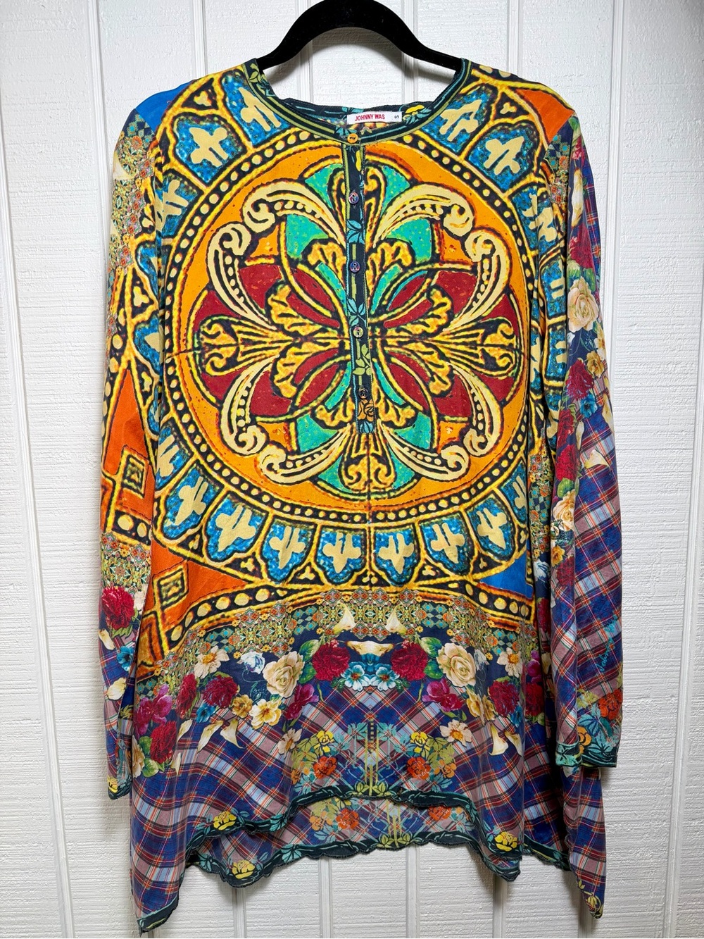 Johnny Was Tunic Blouse button quarter Multicolor 100% Silk size Small
